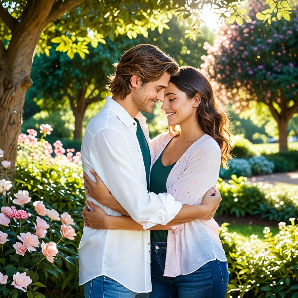 A heartwarming scene of two friends sharing a heartfelt hug in a sunlit park, surrounded by blooming flowers and vibrant greenery. Soft, warm colors create an inviting atmosphere, with gentle rays of sunshine filtering through the leaves. In the background, a couple shares a sweet moment, reinforcing the theme of connection and affection. Elements such as subtle hearts and glowing sparkles enhance the tender mood. super-realistic. vibrant colors. soft focus.