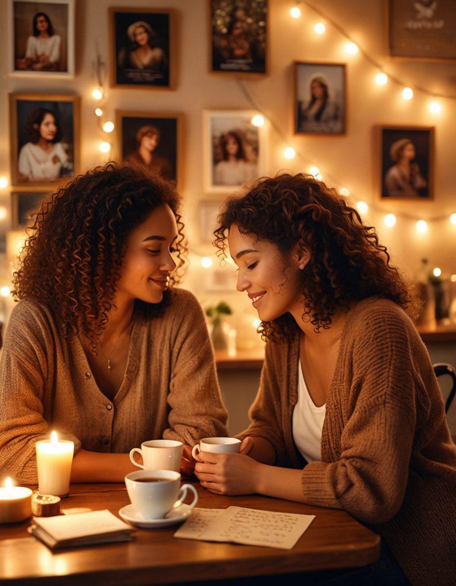 A warm, inviting scene of two diverse individuals sitting together in a cozy café, sharing a heartfelt moment over coffee, surrounded by soft, glowing fairy lights. In the background, display a subtle collage of handwritten love notes and photographs representing cherished memories, symbolizing deep emotional bonds. The ambiance should evoke feelings of warmth, closeness, and joy. soft lighting. romantic atmosphere. super-realistic. warm colors.