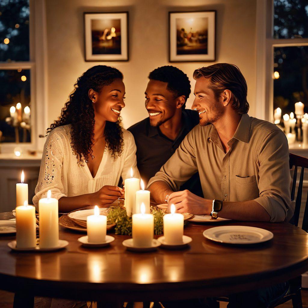 A warm and inviting scene depicting a couple engaging in a heartfelt conversation over a candlelit dinner, surrounded by personal mementos and photographs illustrating their journey together. Soft, glowing light enhances the intimate atmosphere, while a cozy home setting adds warmth and connection. The image should evoke feelings of love, trust, and bonding. super-realistic. warm colors. soft focus.
